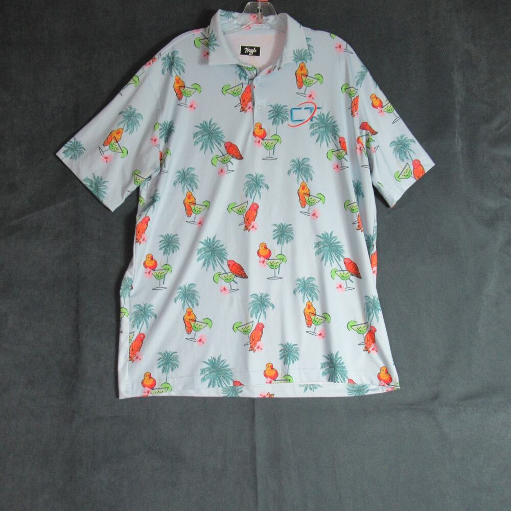 Waggle Polo Shirt Mens XL Blue Tropical Bird Drink Short Sleeve Golf Vacation